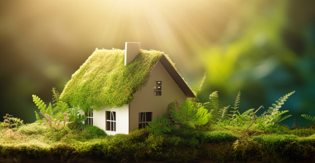 Miniatuurhuisje van hout met mosdak op mos ondergrond en zonnestralen die schijnen op het huisje